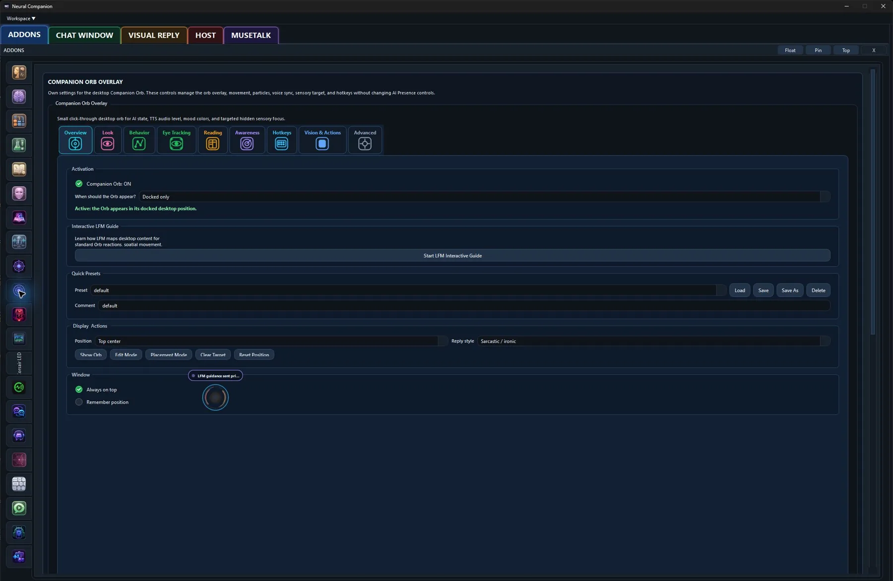Companion Orb Overlay controls in the Neural Companion Windows application