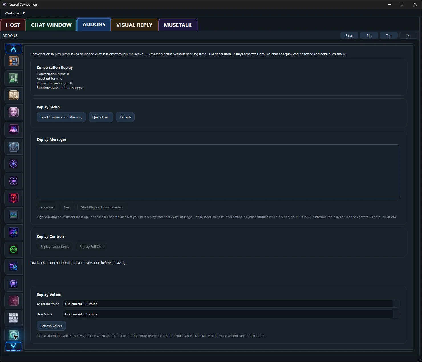 Conversation Replay controls in the Neural Companion Windows application