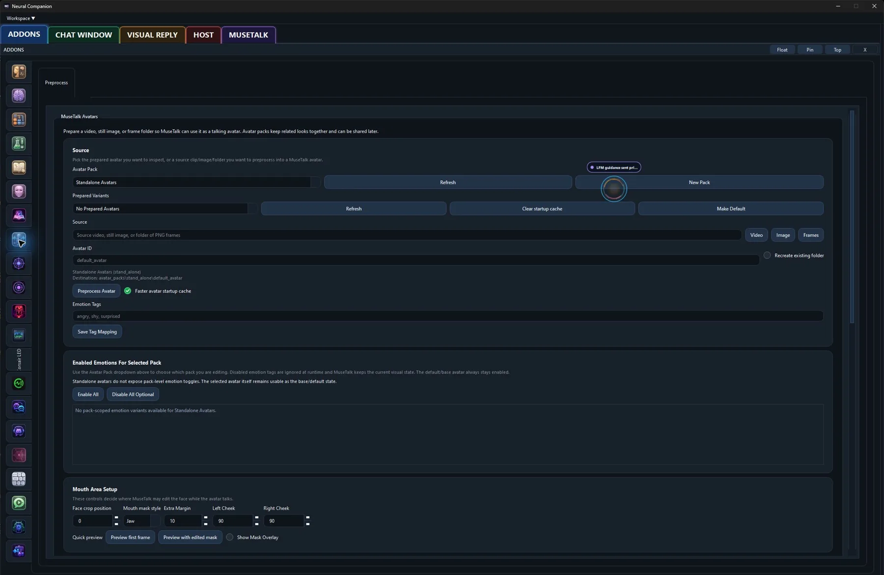 MuseTalk Avatar controls in the Neural Companion Windows application