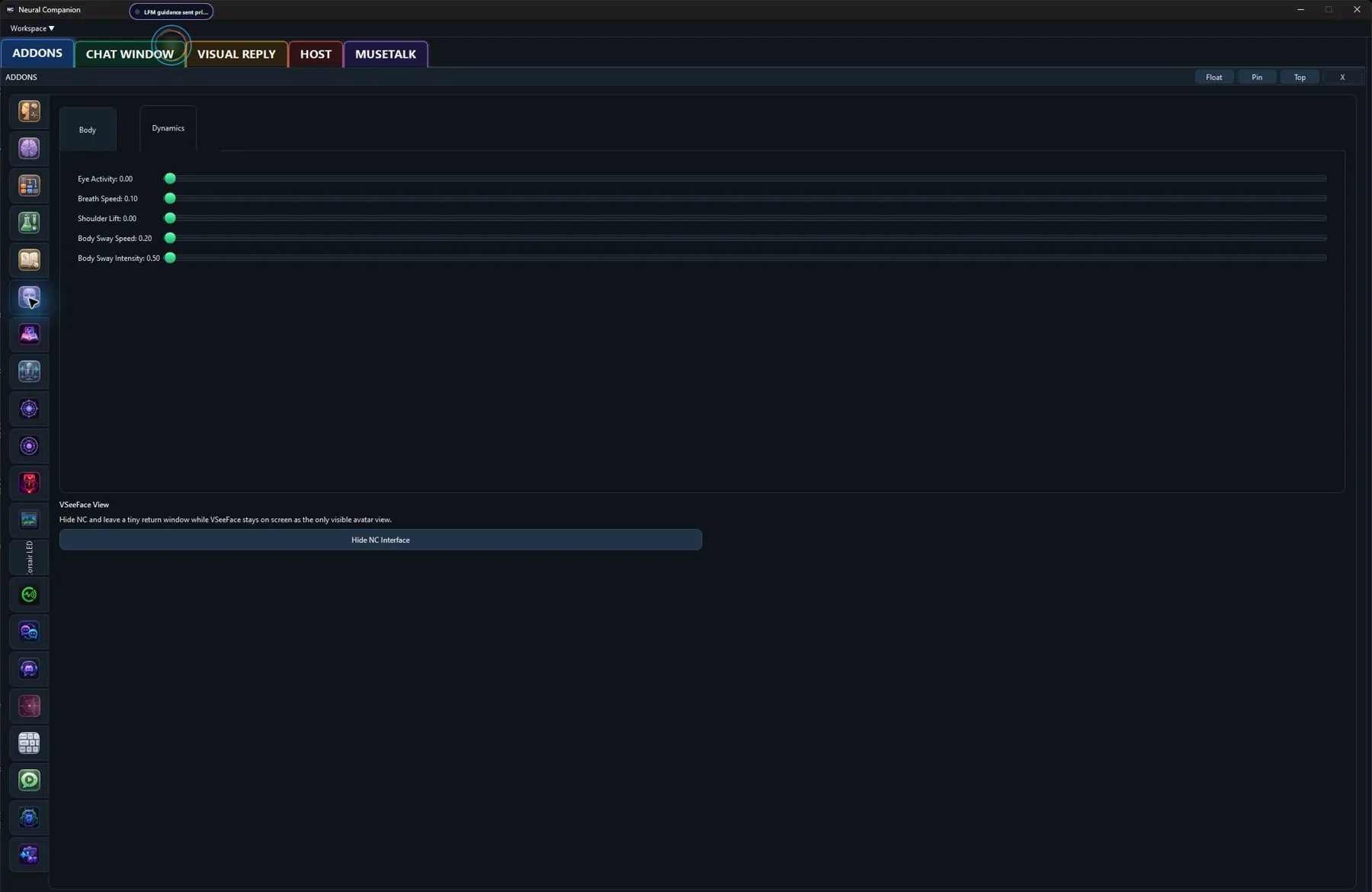 VSeeFace Avatar controls in the Neural Companion Windows application