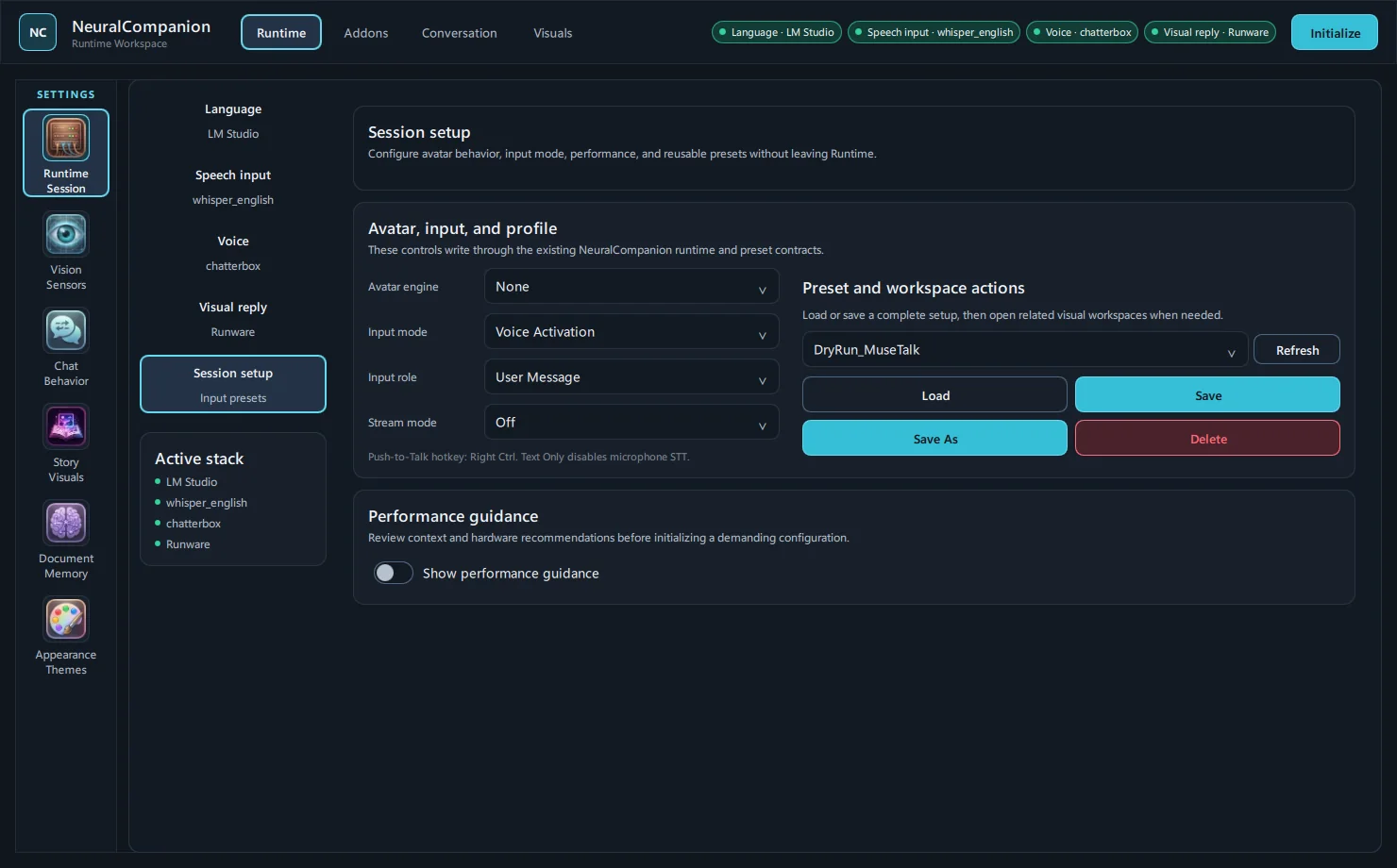 Native runtime workspace in Neural Companion