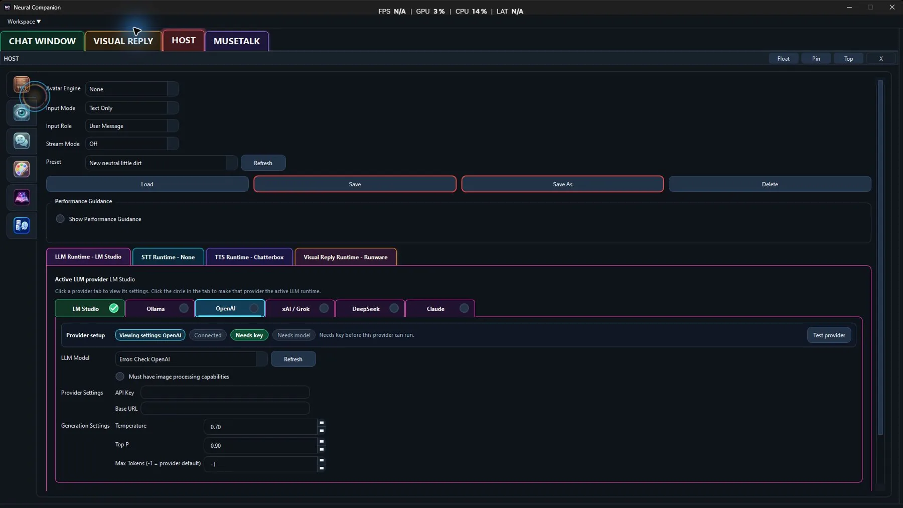 Neural Companion Host workspace showing its local runtime controls.
